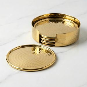 Gold Wood Coaster Set Hammered Art Deco Design Handmade Metal Handicraft 4-Piece Holder Luxury <b>Table</b> <b>Protection</b> Home Decoration - Product Image 1