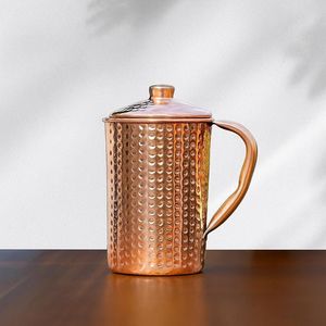 Copper Hammered Pitcher with Lid and Two Matching Cups Vintage Style Drinkware Set for Home Use - Product Image 4