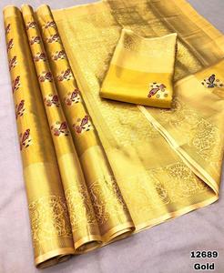 RICH LOOK KANJIVARAM SEDA MINA TEJIDO CON ORO ZARI TEJIDO TRABAJO SAREE CON BLUSA DESCOSADA ORO - Product Image 5