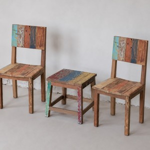 Juego de 3 Sillas de Comedor de Madera Reciclada Rústica, Respaldo de Listones, Tradicional, Ecológico, Muebles para Exteriores, Villas y Hoteles - Product Image 1