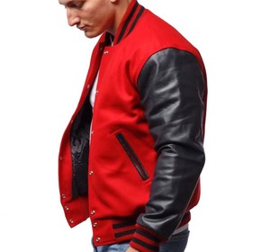 Wholesale 2025 Men's College Jackets with Custom Logo <b>Red</b> <b>Wool</b> Blank and Black PU Sleeves Letterman Baseball Jacket for Mens - Product Image 3