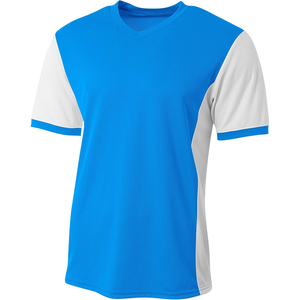 Maillot de football unisexe bleu et blanc à blocs de couleur, col en V, manches courtes, en maille polyester respirante, coupe classique, toutes saisons, personnalisable - Product Image 1