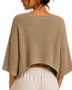 Pull court tricoté oversize kaki pour femme, coupe ample, manches courtes, léger et respirant, idéal pour l'été, style décontracté et tendance - Product Image 2