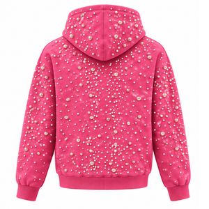 <b>Pink</b> Pearl Beaded Pullover Hoodie Unisex Heavyweight Casual Streetwear <b>Sweatshirt</b> with Drawstring Hood Kangaroo Pocket Fashion - Product Image 2