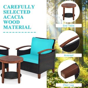 Set di 3 mobili Patio in vimini con cuscino lavabile e legno di Acacia tavolo durevole ed elegante arredamento per esterni - Product Image 3