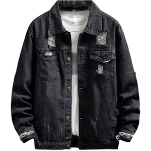 Chaqueta de Mezclilla Lavada para Hombre, Estilo Casual Urbano, Cuello Camisero, Corte Regular, Detalles Deshilachados - Product Image 1
