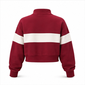 Customize Wine Red <b>Womens</b> Loose Fit <b>Half</b> <b>Zip</b> Cropped <b>Sweatshirt</b> Stand Collar Combed Cotton WHZCROP-0015 - Product Image 2