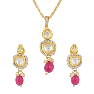 RAY FINE ORNATES - Juego de Collar y Pendientes Kundan Chapados en Oro de 22K con Rubíes y Circonitas, Joyería Nupcial India, Certificado IGI, Precio de Fábrica - Product Image 1