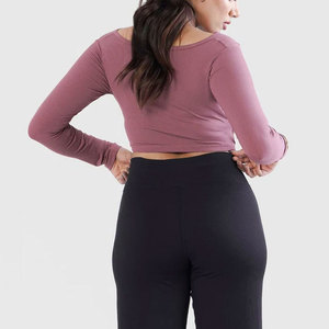 Custom High Elasticity Fitness Wear Seamless <b>Long</b> Sleeve <b>Shirt</b> <b>Women</b> Crop Design V Hem Wide Neck Sportswear <b>Shirt</b> Yoga Top - Product Image 6