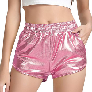 <b>Light</b> Pink Metallic Shorts Women Wide Elastic Smocked Waist No Drawstring Side Pocket Glossy Shiny <b>Rave</b> - Product Image 1