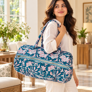 Bolsa de Viaje Acolchada de Algodón Azul Turquesa al por Mayor, Bolsa de Hombro para Fin de Semana con Estampado Botánico Rosa para Mujer - Product Image 2