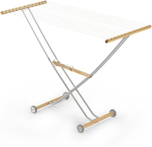 Tendedero de ropa de metal y madera de último diseño con ruedas, tendedero móvil portátil para interiores, personalización disponible. - Product Image 2