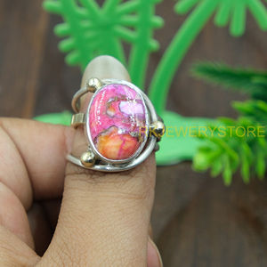 Pink Spiny Oyster Copper Turquoise <b>Ring</b> 925 Sterling Silver & Brass Handmade <b>Statement</b> <b>Ring</b> Boho Artisan Gemstone Jewelry Unisex - Product Image 2