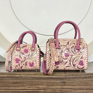 Fashionable Handcrafted Genuine Cowhide Leather Small Speedy Bag Carved Floral Pattern Travel Shoulder Purse Western Design - Product Image 5
