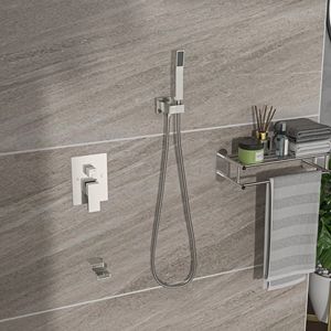 Il sistema doccia quadrata da 12 pollici a parete con beccuccio a vasca a cascata, nichel spazzolato, include Set Hardware per bagno di valvola ruvido - Product Image 3