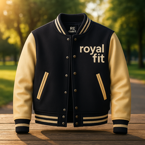 Chaqueta Universitaria de Lana Azul Marino Bordada Personalizada con Mangas de Cuero Crema y Botones a Presión - Product Image 4