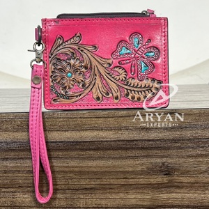 Handcrafted Tooled Genuine Leather Floral Butterfly Design Card <b>Holder</b> Western Style Slim Zipper Closure Unisex Wristlet Wallet - Product Image 1