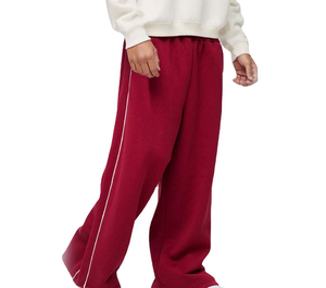 <b>Men's</b> Vintage Woolen Straight Red Sweatpants with Side Stripe Elastic Waist Casual Loose Fit Knitted Cotton Autumn Wear - Product Image 1
