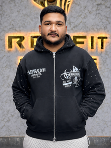 Sweat à capuche zippé noir surdimensionné en polaire pour homme Rexfit Sports, style streetwear, avec imprimé frontal et détails en strass - Product Image 1