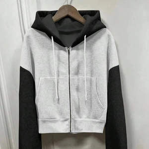 Sudadera con capucha gris y negra para mujer, con cremallera, diseño color block, informal, de forro polar suave, chaqueta de invierno - Product Image 1