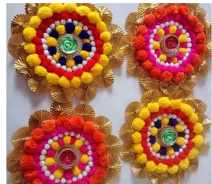 Handmade Circular Rattan Tea Light Holder With Colorful <b>Pom</b> <b>Pom</b> Floral Design Eco Friendly Home Decoration - Product Image 3