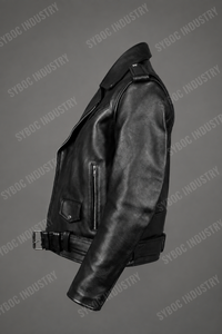 Mens Black Lambskin Motorcycle Jacket Classic Asymmetric Zip Perfecto Style <b>Wide</b> Lapel <b>Belted</b> Waist Zip Cuffs Rider - Product Image 5