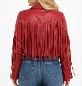 Chaqueta de cuero roja con flecos para mujer, estilo motociclista, cuello vuelto, manga larga, estilo occidental, para otoño - Product Image 5