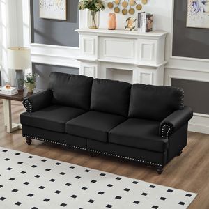 Divano Moderno Classico in Pelle Nera da 83 Pollici, Imitazione Pelle Bovina con Borchie, Imbottito per Soggiorno - Product Image 1