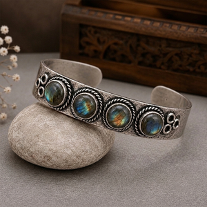 Jewelry Town JT-044 Natural Labradorite Oval Wide <b>Cuff</b> Bangle Gold/<b>Silver</b> Plated Brass Bezel Set Classic Western Style Unisex - Product Image 4