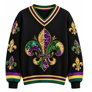 Sudadera Elegante de Manga Larga para Mujer con Estampado de Máscara de Bufón de Mardi Gras y Lentejuelas, Cuello Redondo - Product Image 4