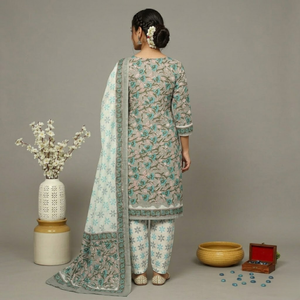 White Grey Floral Cotton Sarong Kurti <b>Pyjama</b> Set | High Quality Hand Block Print Women Resort Wear | Ethnic Casual Lounge Wear - Product Image 5