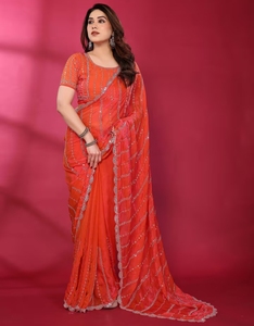 KV <b>Red</b> Embellished/Sequined <b>Saree</b> With Unstitched Blouse - Product Image 1
