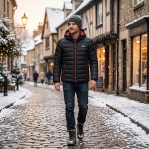 Veste matelassée noire pour homme avec doublure rouge, veste d'hiver à capuche, ONEAPEX, vente en gros, manteau chaud pour l'extérieur - Product Image 5