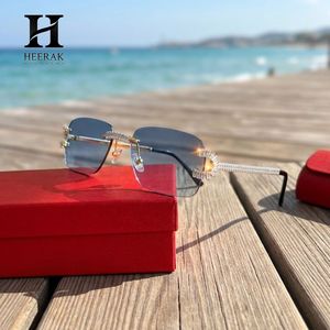 Luxury Rimless Rectangle <b>Sunglasses</b> Men Women Full Diamond Baguette Iced Out Temples Gradient <b>Blue</b> <b>Lens</b> Eyewear - Product Image 1