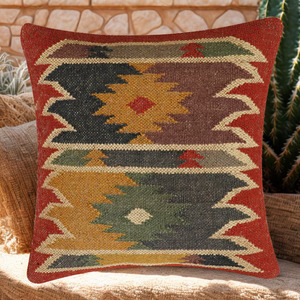 Coussin de chaise carré en laine et jute fait main, motif géométrique abstrait polyvalent, s'adapte à tous les types de chaises - Product Image 5