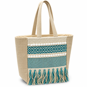 Sac fourre-tout en tissu de coton bohème avec design vintage de couleur unie, style voyage et plage, ouverture par le haut avec poignée - Product Image 1