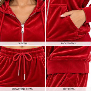 Women's Red <b>Velvet</b> Hooded <b>Tracksuit</b> Set Full Length Loose Fit Casual Winter 2 Piece Long Sleeve Velour Jogger Set - Product Image 6