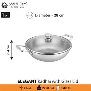 Elegante Kadhai de Acero Inoxidable de Gran Peso con Tapa de Vidrio, Elegantes Cacerolas - Product Image 5