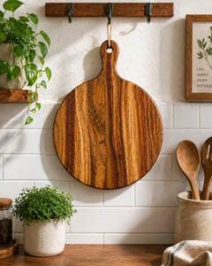 Tabla de cortar redonda de madera de mango con asa |   Tabla de cortar rústica para servir pan - Product Image 5