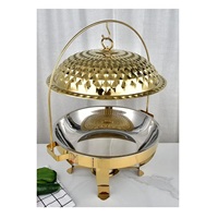 Chafing Dish Bulat Mewah Berbahan Baja Anti Karat Warna Emas dengan Tutup Kubah Gantung, Penghangat Makanan Buffet untuk Hotel & Katering.
