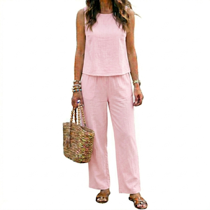 Conjunto de pantalones anchos y top sin mangas de lino rosa, cuello redondo, ropa informal holgada de verano para mujer - Product Image 1