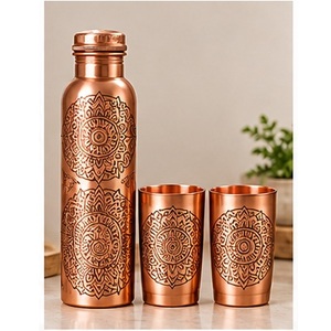 Juego de botellas de agua de cobre con diseño floral, acabado azul y cobre, portátil para viaje, con tapas. - Product Image 5