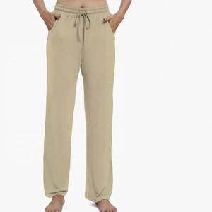 Pantalon de survêtement en soie respirant été/hiver pour femmes taille moyenne jambe droite ample poches à cordon pantalon décontracté plat - Product Image 1