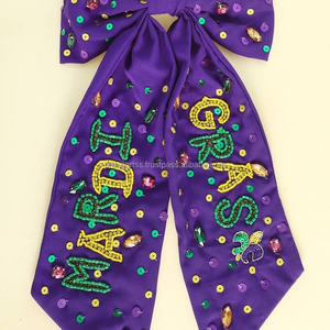 Mardi Gras Satin Casual Hair Bow Purple Big Sequin Letter Clip Festival Party Headwear Girls Parade Costume Accessory Carton - Product Image 1