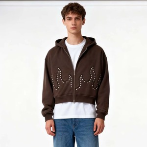 Custom 400 Gsm Men's Solid Lined Distressed Hoodie Full Rhinestone Embroidered Acid Wash Oversized Pullover Boxy Fit DTG - Product Image 3