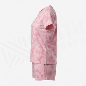 Ensemble 2 pièces pour femme, rose tie-dye, short et haut à manches courtes, col rond, coupe décontractée, au-dessus du genou, en coton tricoté, pour l'été - Product Image 3