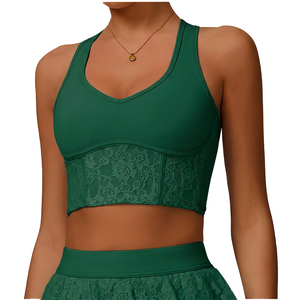 Women's V-Neck <b>Racerback</b> Sports <b>Bra</b> With Lace Detail Medium Support Breathable Yoga Athletic Top Light Blue - Product Image 5