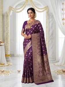 AARA Fashion <b>Purple</b> Silk <b>Saree</b> Gold Zari Work Traditional Indian Wedding Wear Sun Protection All Seasons for Women Floor Length - Product Image 2