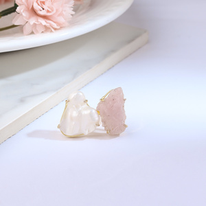 Luxury Gold Plated Rose Quartz Shell Cocktail <b>Ring</b> <b>Adjustable</b> Natural Gemstone Statement Jewelry for Women - Product Image 3