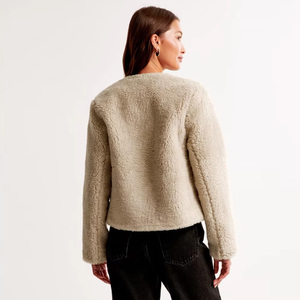 Women's Faux Fur Sherpa <b>Jacket</b> O-Neck Single Breasted Button Closure Full Sleeve Winter Short Coat Thick Fleece Material - Product Image 2